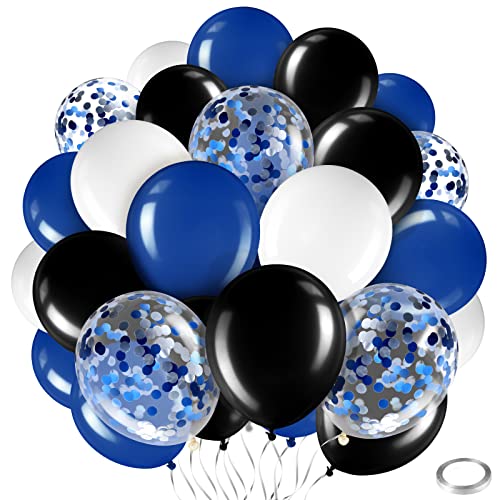 Sratte 60-Pack 12-Inch Black, Blue & White Balloons Kit with Confetti and Ribbon for Graduation, Back to School Parties