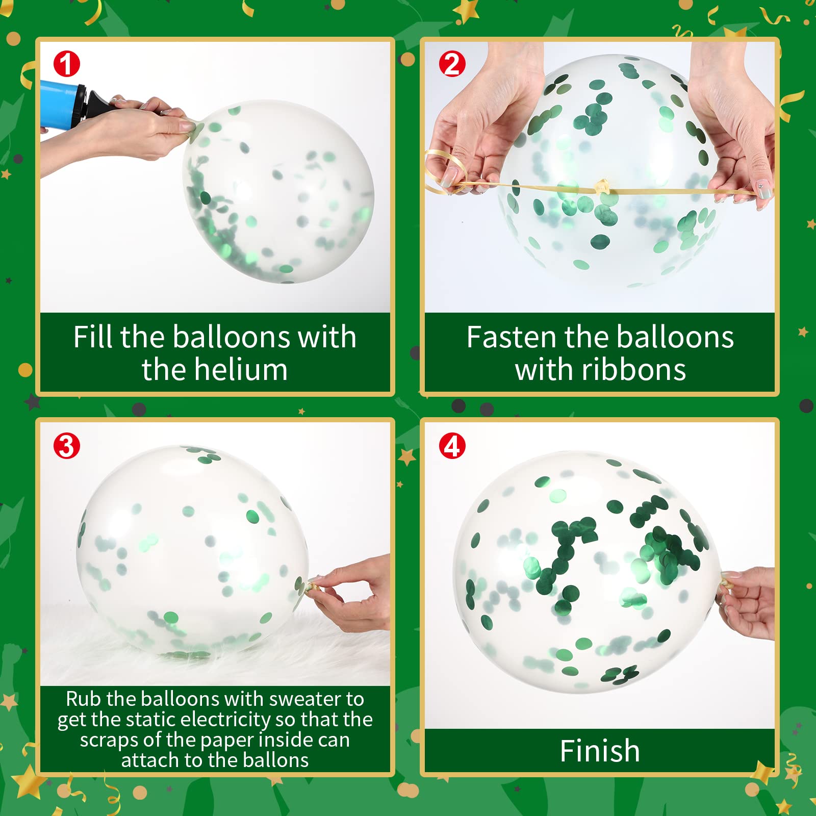 Sratte 60-Piece 12-Inch Balloon Kit: Black, Green & White Latex and Metallic Balloons for Graduation, Birthday, Back to School Parties