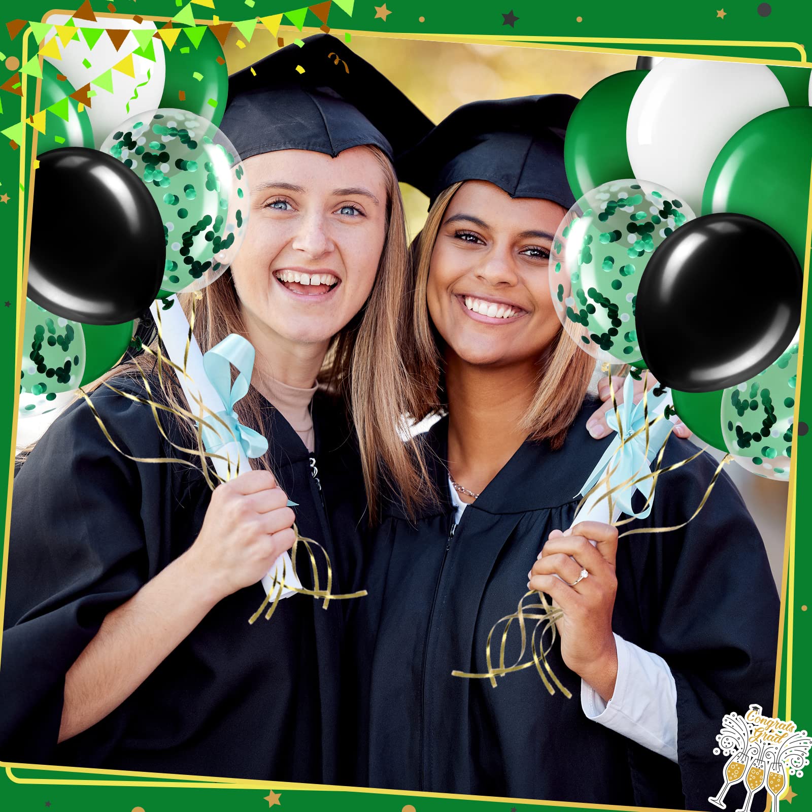 Sratte 60-Piece 12-Inch Balloon Kit: Black, Green & White Latex and Metallic Balloons for Graduation, Birthday, Back to School Parties