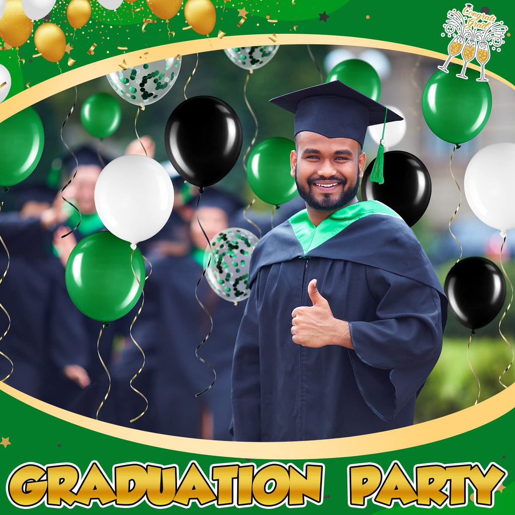 Sratte 60-Piece 12-Inch Balloon Kit: Black, Green & White Latex and Metallic Balloons for Graduation, Birthday, Back to School Parties