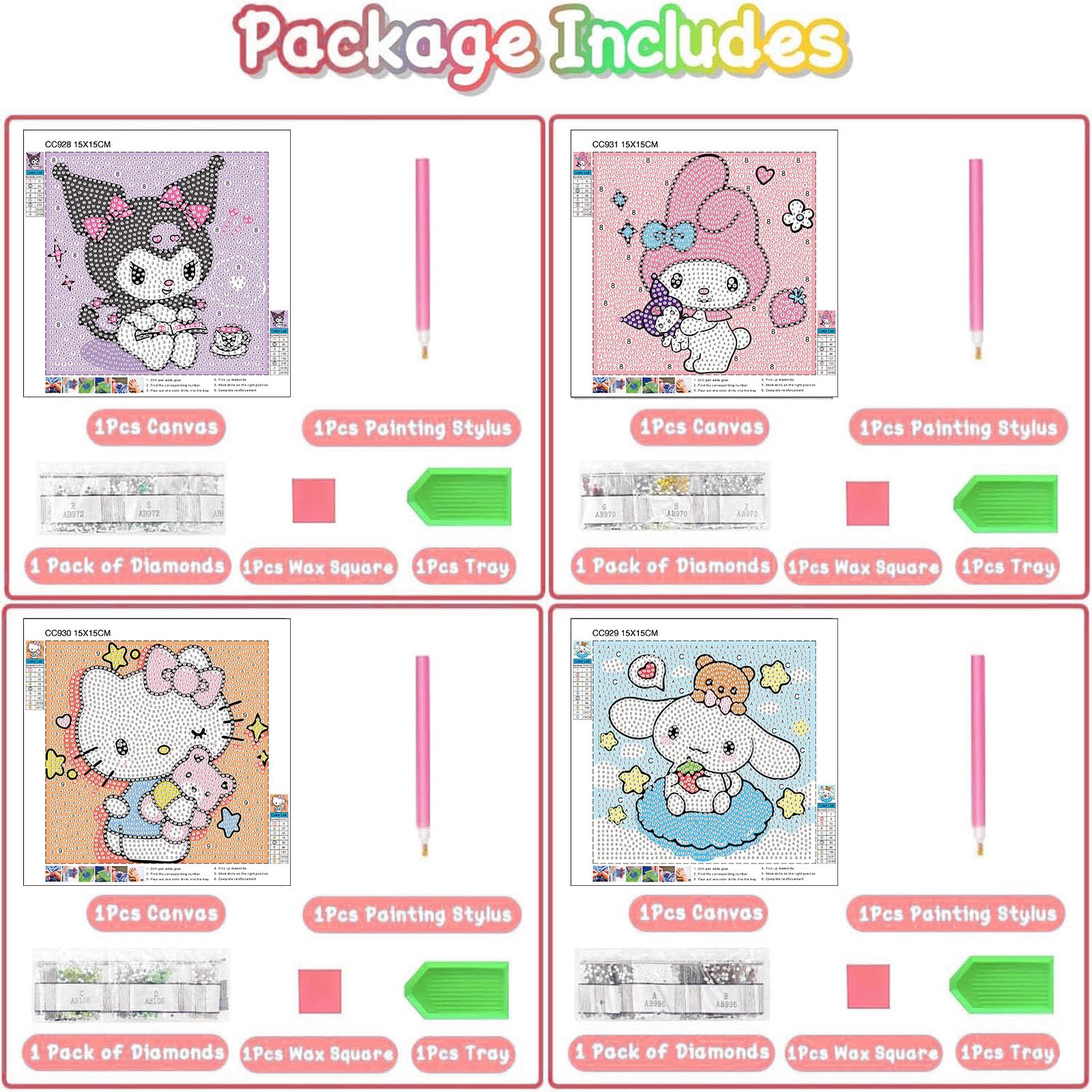 Sretoul 4 Pack Cartoon Diamond Art Kits for Kids - DIY Crystal Gem Painting (6x6 inch)