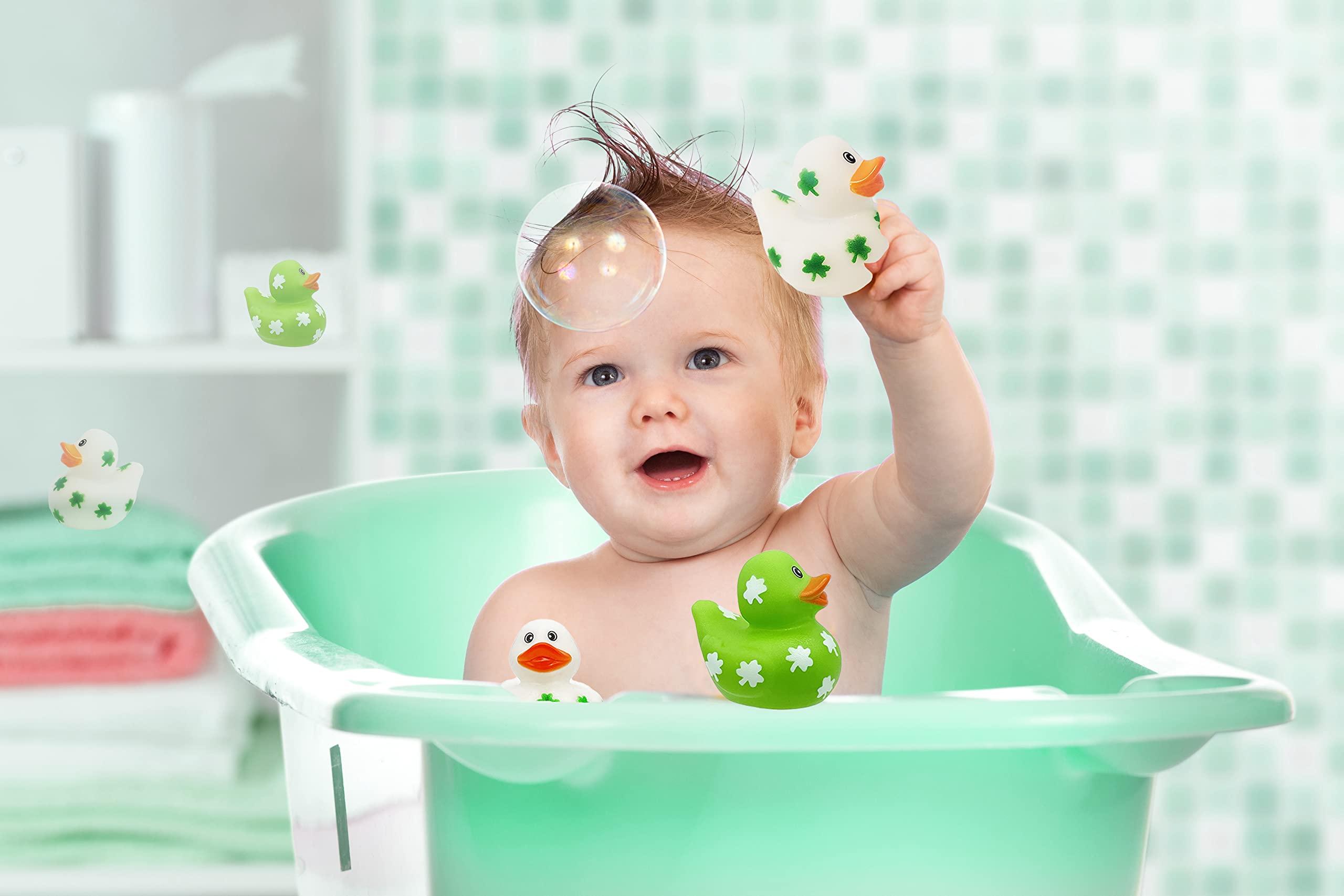 St. Patrick's Day Shamrock Rubber Ducks – 12-Pack of 2-Inch Vinyl Duckies for Kids, Bath, Party Favors, and Pool Activities