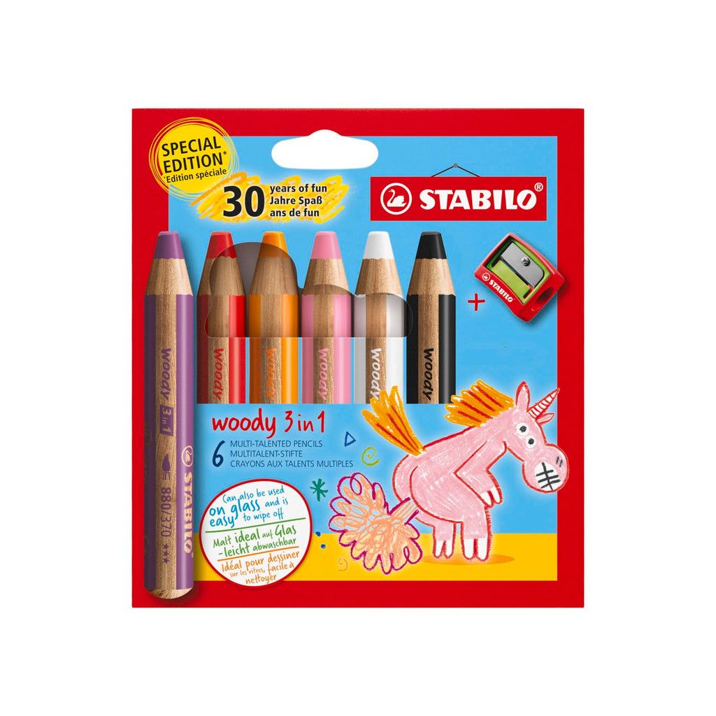 STABILO woody 3-in-1 Pencils, Birthday Edition Unicorn, Pack of 6 with Sharpener