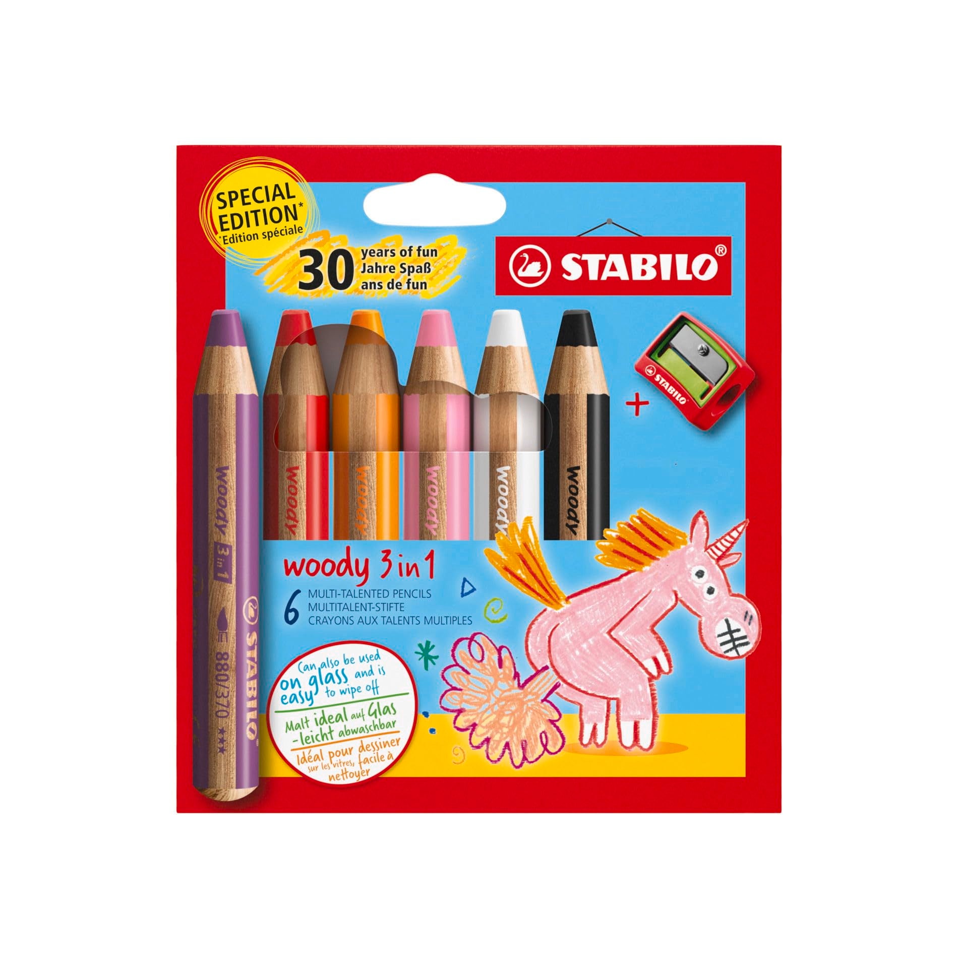 STABILO woody 3-in-1 Pencils, Birthday Edition Unicorn, Pack of 6 with Sharpener