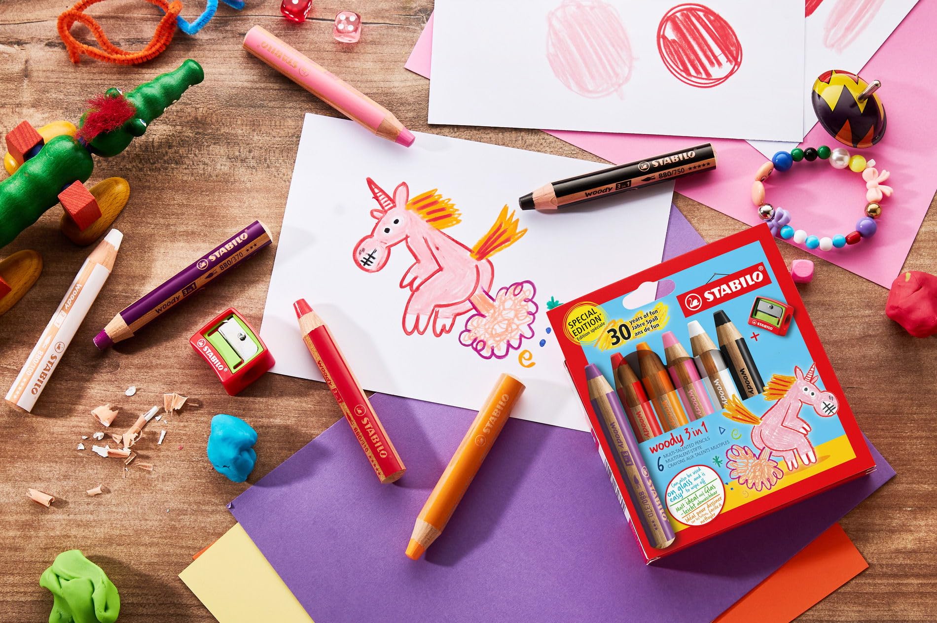 STABILO woody 3-in-1 Pencils, Birthday Edition Unicorn, Pack of 6 with Sharpener