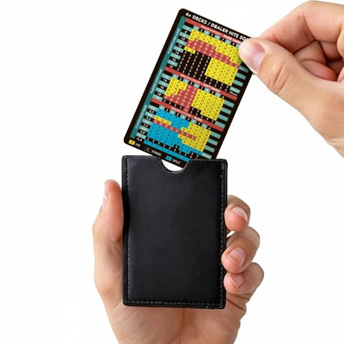 Stainless Steel Blackjack Basic Strategy Card with Leather Wallet – Durable Pocket Reference for Hard/Soft Totals & Pairs