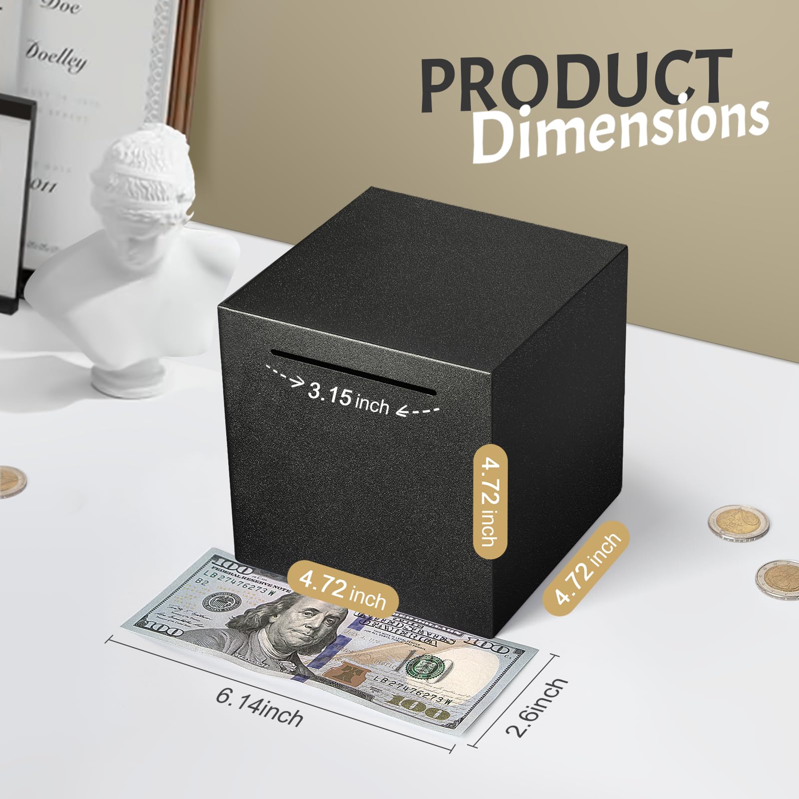 Stainless Steel Piggy Bank for Adults – Must Break to Open, Unbreakable Savings Box (Black, 4.72-Inch)