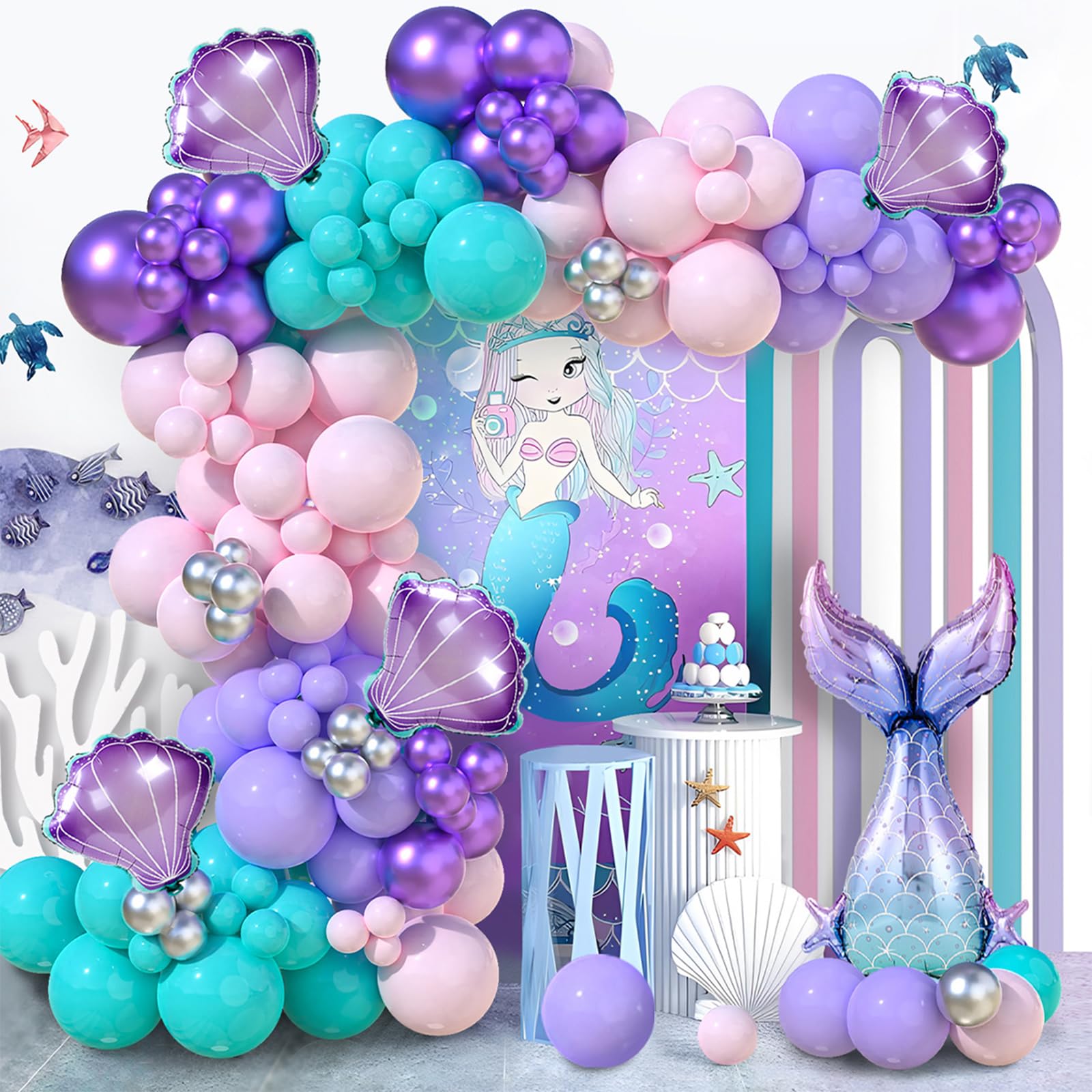Staraise 91-Piece Mermaid Balloon Garland Arch Kit - Pastel Pink Purple Green, with Seashell and Mermaid Tail Foil Balloons