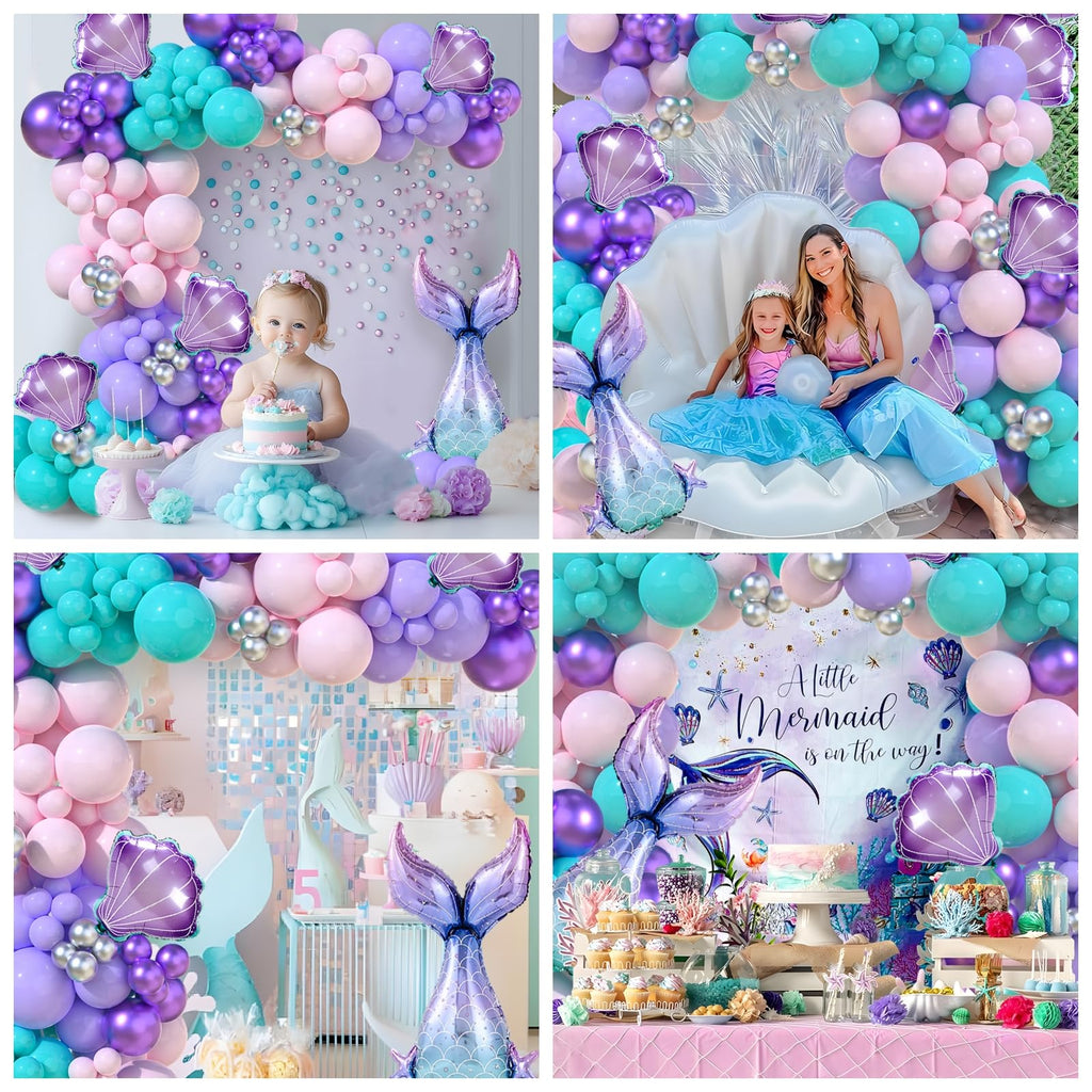 Staraise 91-Piece Mermaid Balloon Garland Arch Kit - Pastel Pink Purple Green, with Seashell and Mermaid Tail Foil Balloons