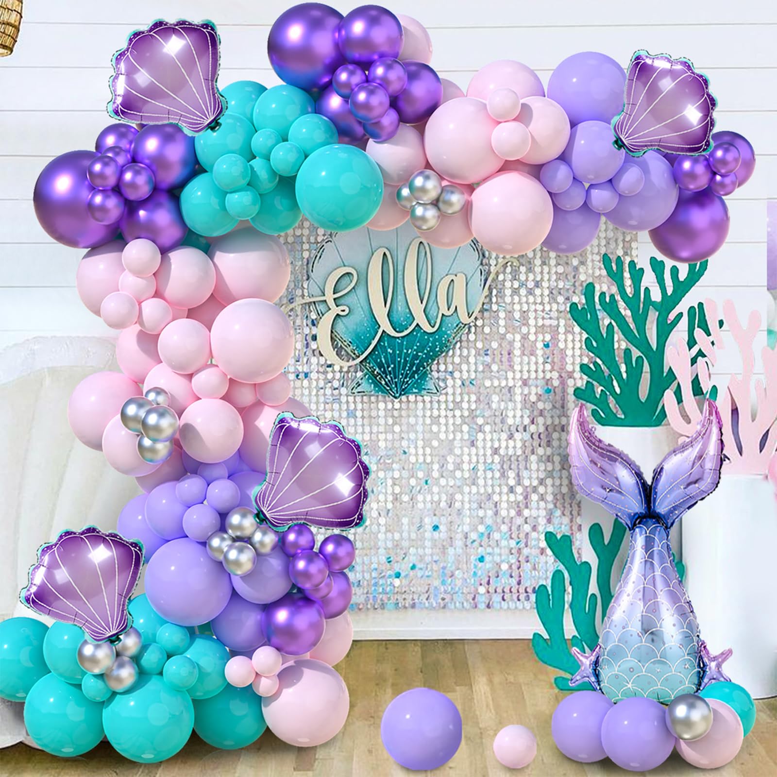 Staraise 91-Piece Mermaid Balloon Garland Arch Kit - Pastel Pink Purple Green, with Seashell and Mermaid Tail Foil Balloons