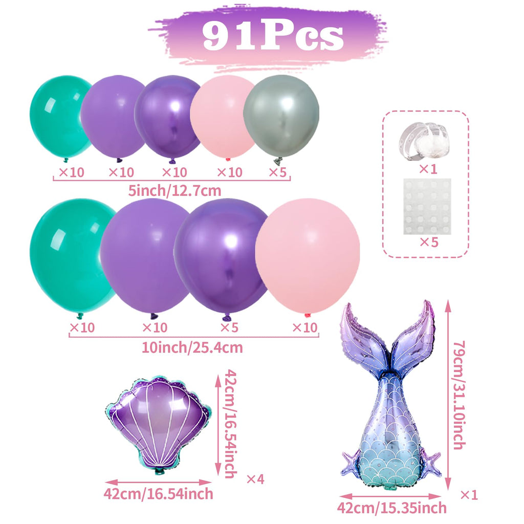 Staraise 91-Piece Mermaid Balloon Garland Arch Kit - Pastel Pink Purple Green, with Seashell and Mermaid Tail Foil Balloons