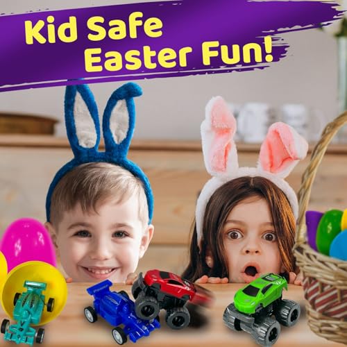 Stargo 8 Pack Prefilled Easter Eggs with Pull-Back Cars & Monster Trucks - 3.2 inch Plastic Eggs for Easter Basket Stuffers, Party Favors, Candy-Free Egg Hunt