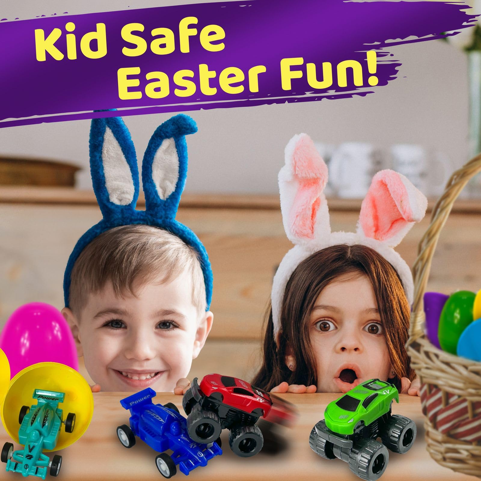 Stargo 8 Pack Prefilled Easter Eggs with Pull-Back Cars & Monster Trucks - 3.2 inch Plastic Eggs for Easter Basket Stuffers, Party Favors, Candy-Free Egg Hunt