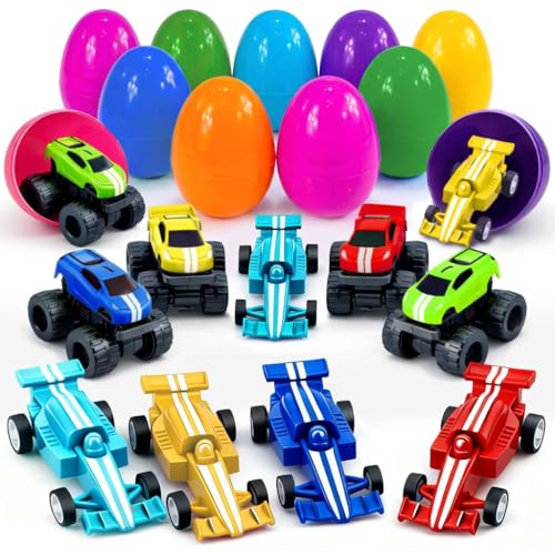 Stargo 8 Pack Prefilled Easter Eggs with Pull-Back Cars & Monster Trucks - 3.2 inch Plastic Eggs for Easter Basket Stuffers, Party Favors, Candy-Free Egg Hunt
