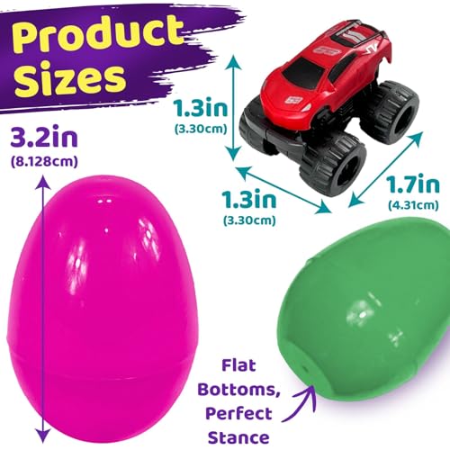 Stargo 8 Pack Prefilled Easter Eggs with Pull-Back Cars & Monster Trucks - 3.2 inch Plastic Eggs for Easter Basket Stuffers, Party Favors, Candy-Free Egg Hunt