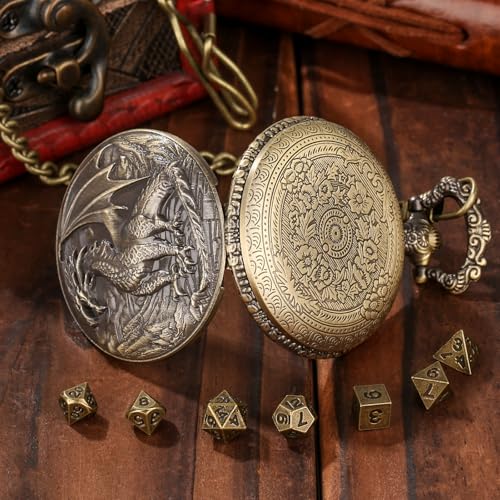 Steampunk Dragon Pocket Watch Dice Set – 7 Mini Polyhedral Metal DND Dice with Bronze Zinc Alloy Case