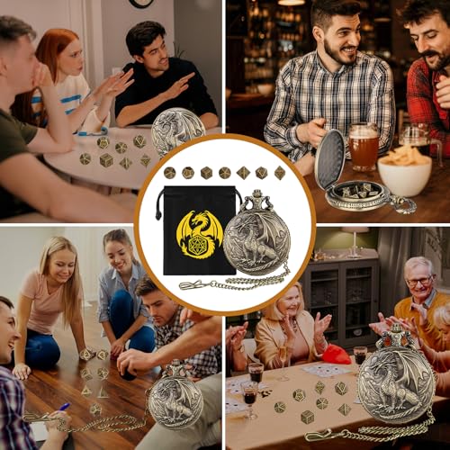Steampunk Dragon Pocket Watch Dice Set – 7 Mini Polyhedral Metal DND Dice with Bronze Zinc Alloy Case