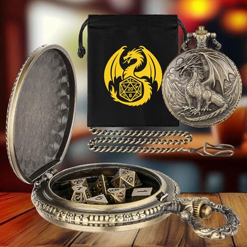 Steampunk Dragon Pocket Watch Dice Set – 7 Mini Polyhedral Metal DND Dice with Bronze Zinc Alloy Case