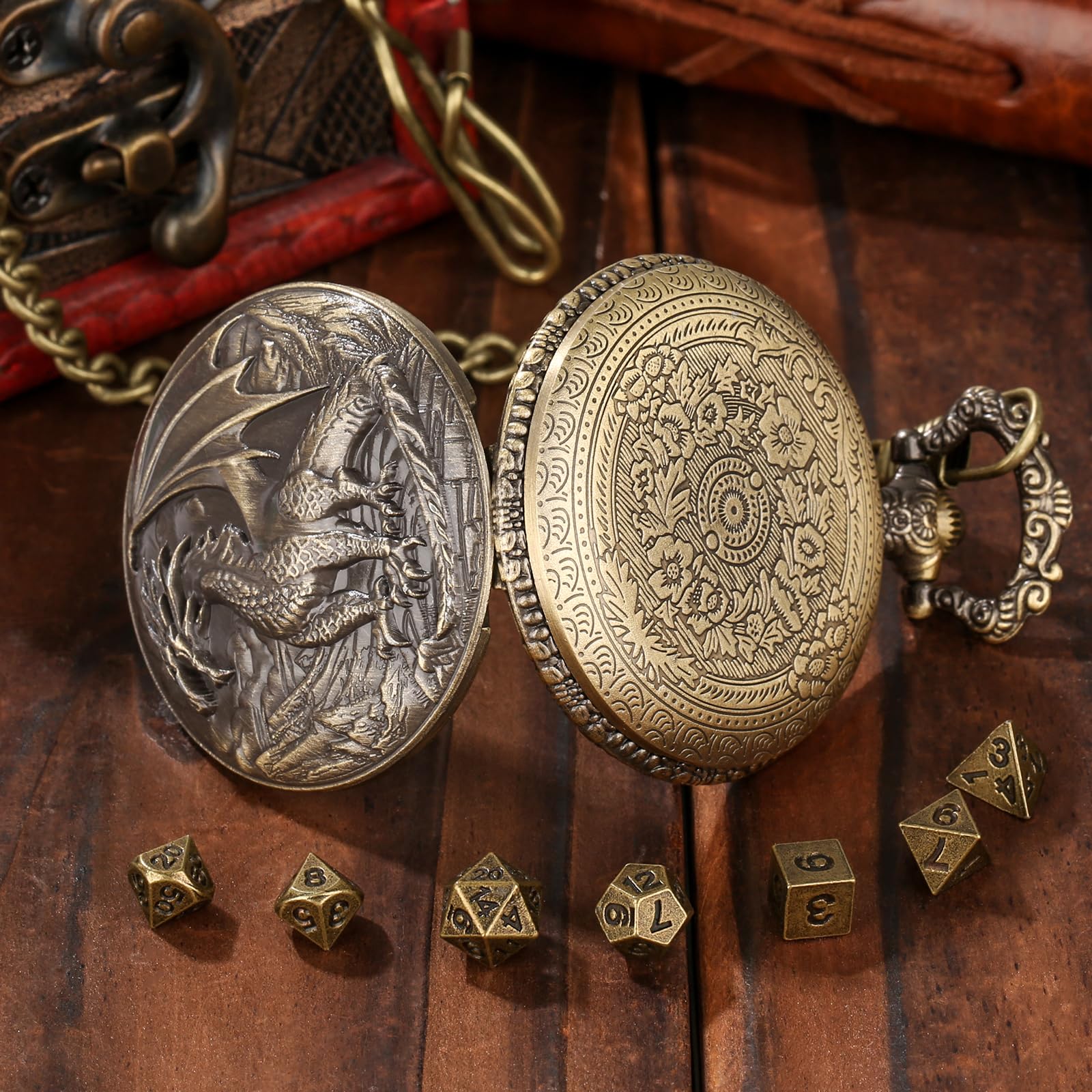 Steampunk Dragon Pocket Watch Dice Set – 7 Mini Polyhedral Metal DND Dice with Bronze Zinc Alloy Case