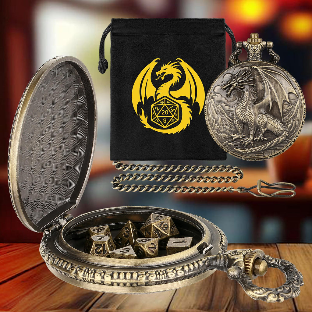 Steampunk Dragon Pocket Watch Dice Set – 7 Mini Polyhedral Metal DND Dice with Bronze Zinc Alloy Case