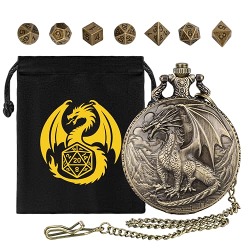 Steampunk Dragon Pocket Watch Dice Set – 7 Mini Polyhedral Metal DND Dice with Bronze Zinc Alloy Case