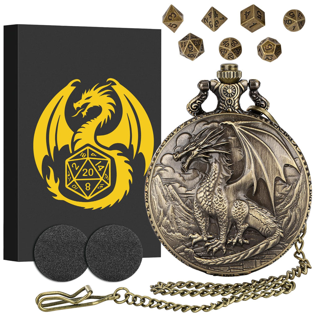 Steampunk Dragon Pocket Watch Mini DND Dice Set – 7-Piece Metal Polyhedral Dice in Bronze
