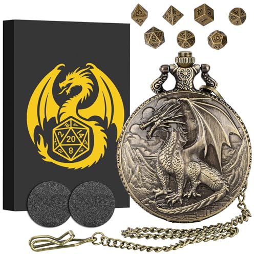 Steampunk Dragon Pocket Watch Mini DND Dice Set – 7-Piece Metal Polyhedral Dice in Bronze