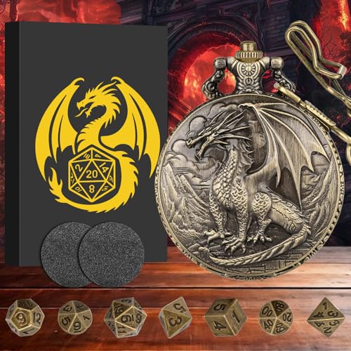 Steampunk Dragon Pocket Watch Mini DND Dice Set – 7-Piece Metal Polyhedral Dice in Bronze