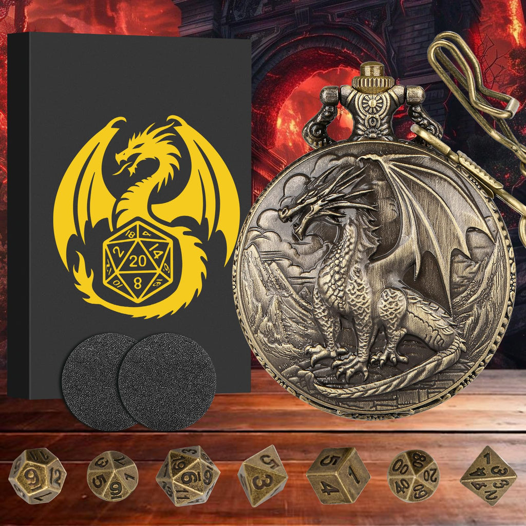 Steampunk Dragon Pocket Watch Mini DND Dice Set – 7-Piece Metal Polyhedral Dice in Bronze