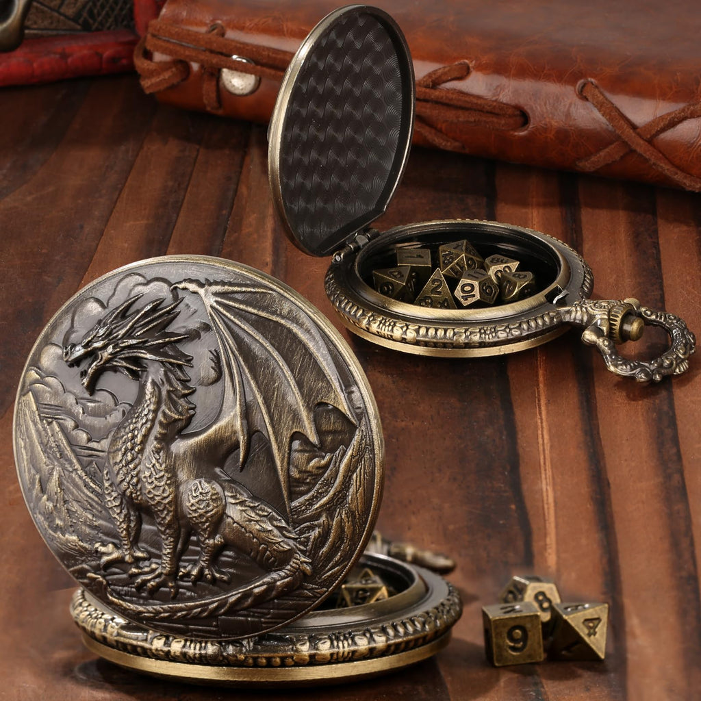 Steampunk Dragon Pocket Watch Mini DND Dice Set – 7-Piece Metal Polyhedral Dice in Bronze