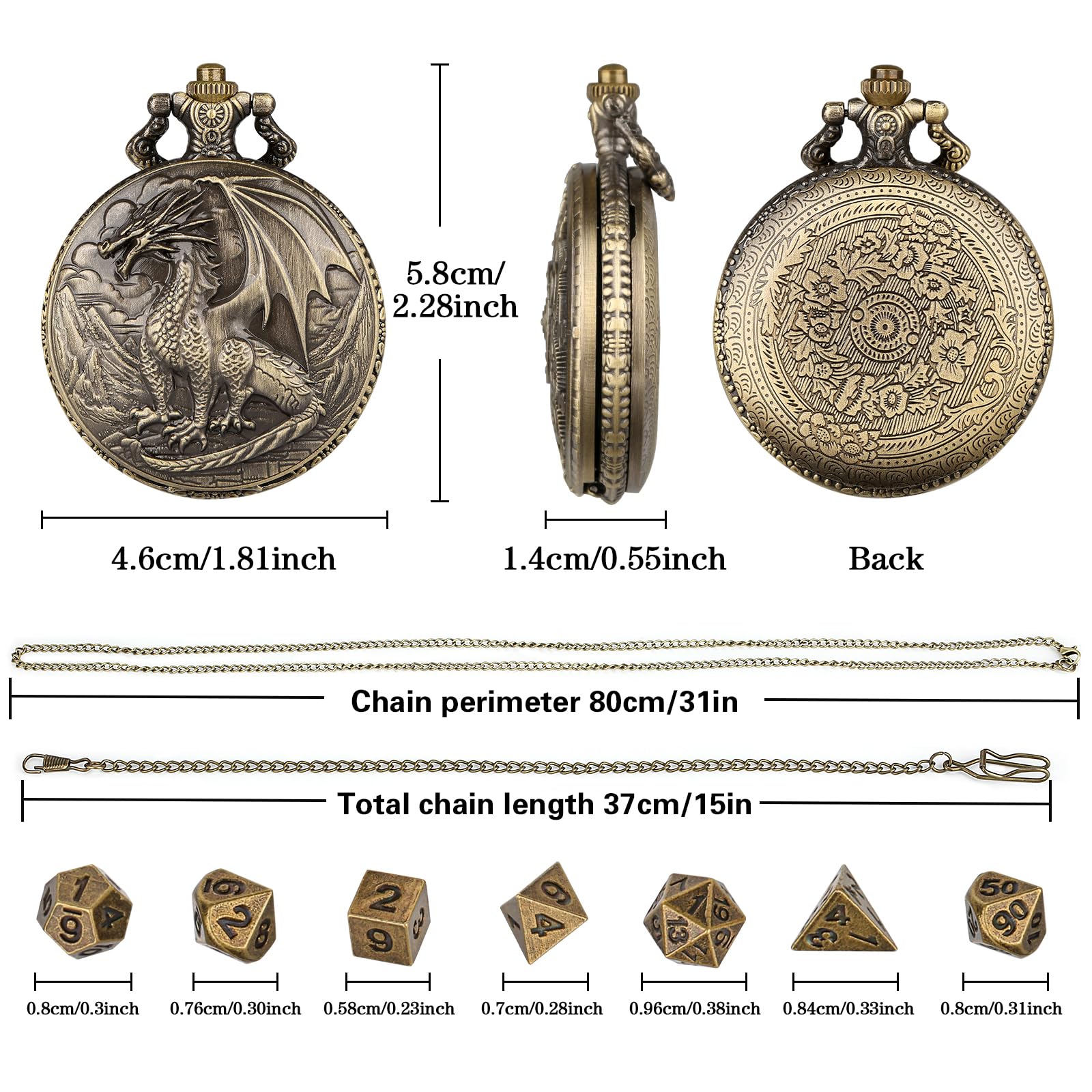 Steampunk Dragon Pocket Watch Mini DND Dice Set – 7-Piece Metal Polyhedral Dice in Bronze