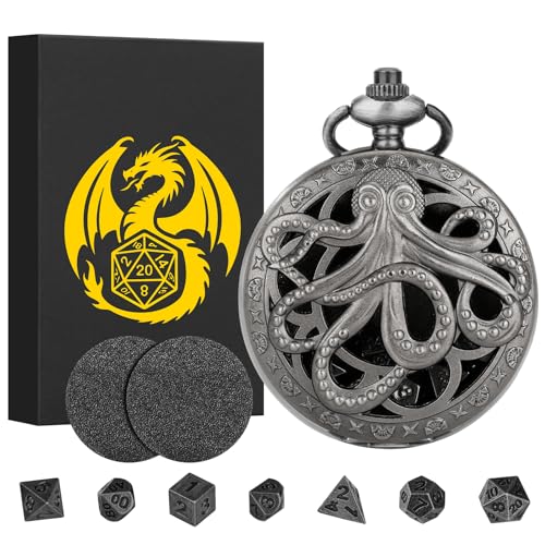 Steampunk Octopus Pocket Watch Mini DND Dice Set – 7 Polyhedral Metal Dice in Dark Silver with Gift Box