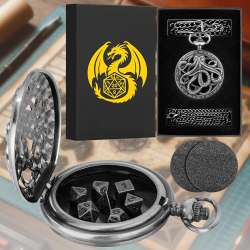 Steampunk Octopus Pocket Watch Mini DND Dice Set – 7 Polyhedral Metal Dice in Dark Silver with Gift Box