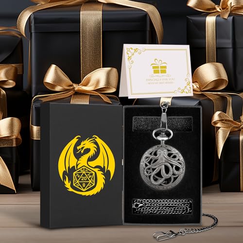 Steampunk Octopus Pocket Watch Mini DND Dice Set – 7 Polyhedral Metal Dice in Dark Silver with Gift Box