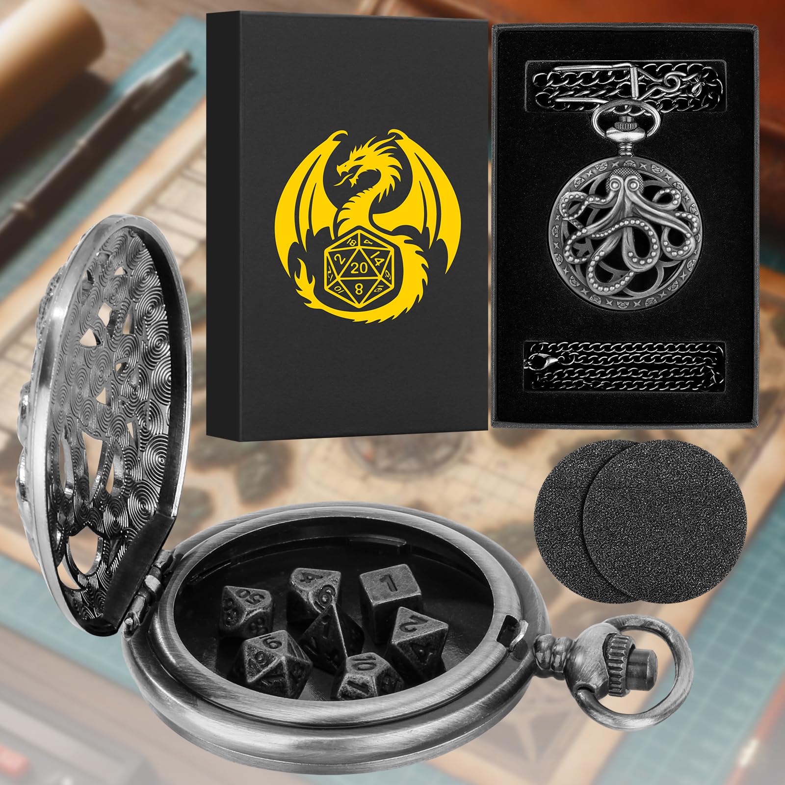 Steampunk Octopus Pocket Watch Mini DND Dice Set – 7 Polyhedral Metal Dice in Dark Silver with Gift Box