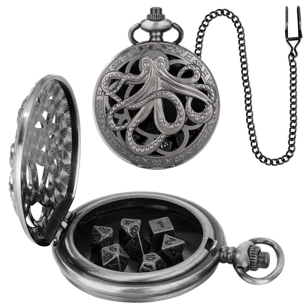 Steampunk Octopus Pocket Watch Mini DND Dice Set – 7 Polyhedral Metal Dice in Dark Silver with Gift Box