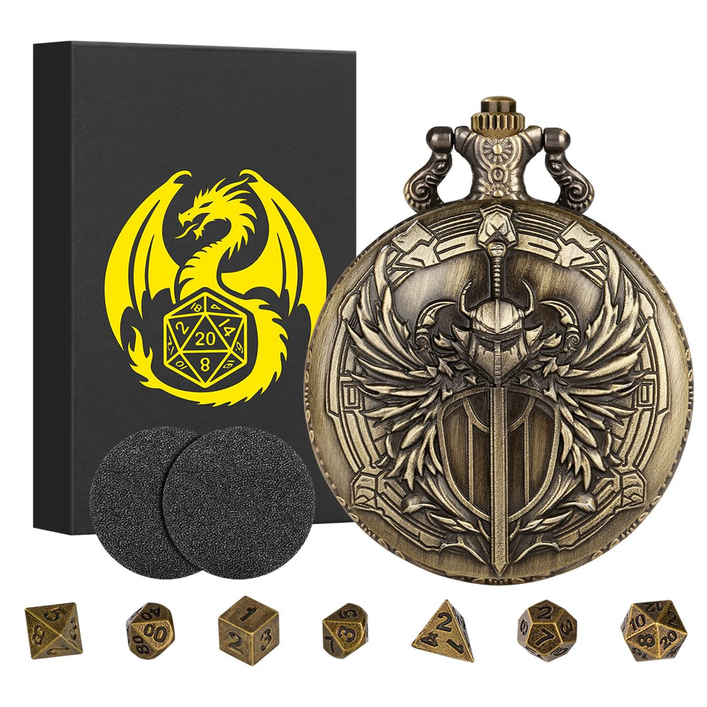 Steampunk Paladin Pocket Watch Dice Set - 7 Mini Metal D&D Dice with Case, DND Starter Gift