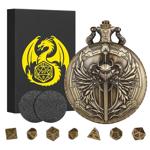 Steampunk Paladin Pocket Watch Dice Set - 7 Mini Metal D&D Dice with Case, DND Starter Gift