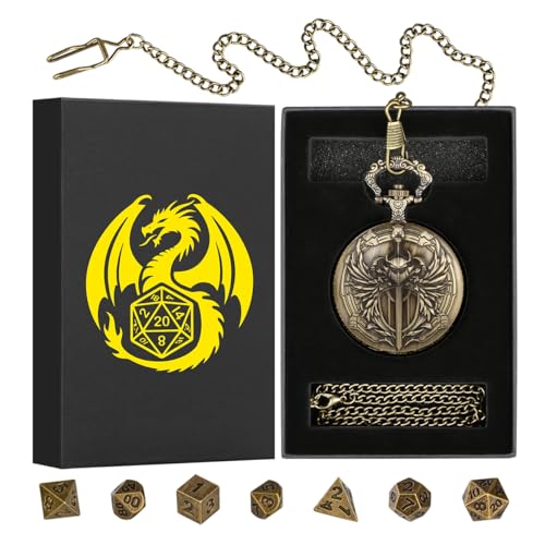 Steampunk Paladin Pocket Watch Dice Set - 7 Mini Metal D&D Dice with Case, DND Starter Gift