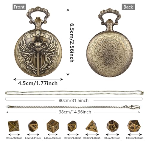 Steampunk Paladin Pocket Watch Dice Set - 7 Mini Metal D&D Dice with Case, DND Starter Gift