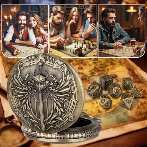 Steampunk Paladin Pocket Watch Dice Set - 7 Mini Metal D&D Dice with Case, DND Starter Gift