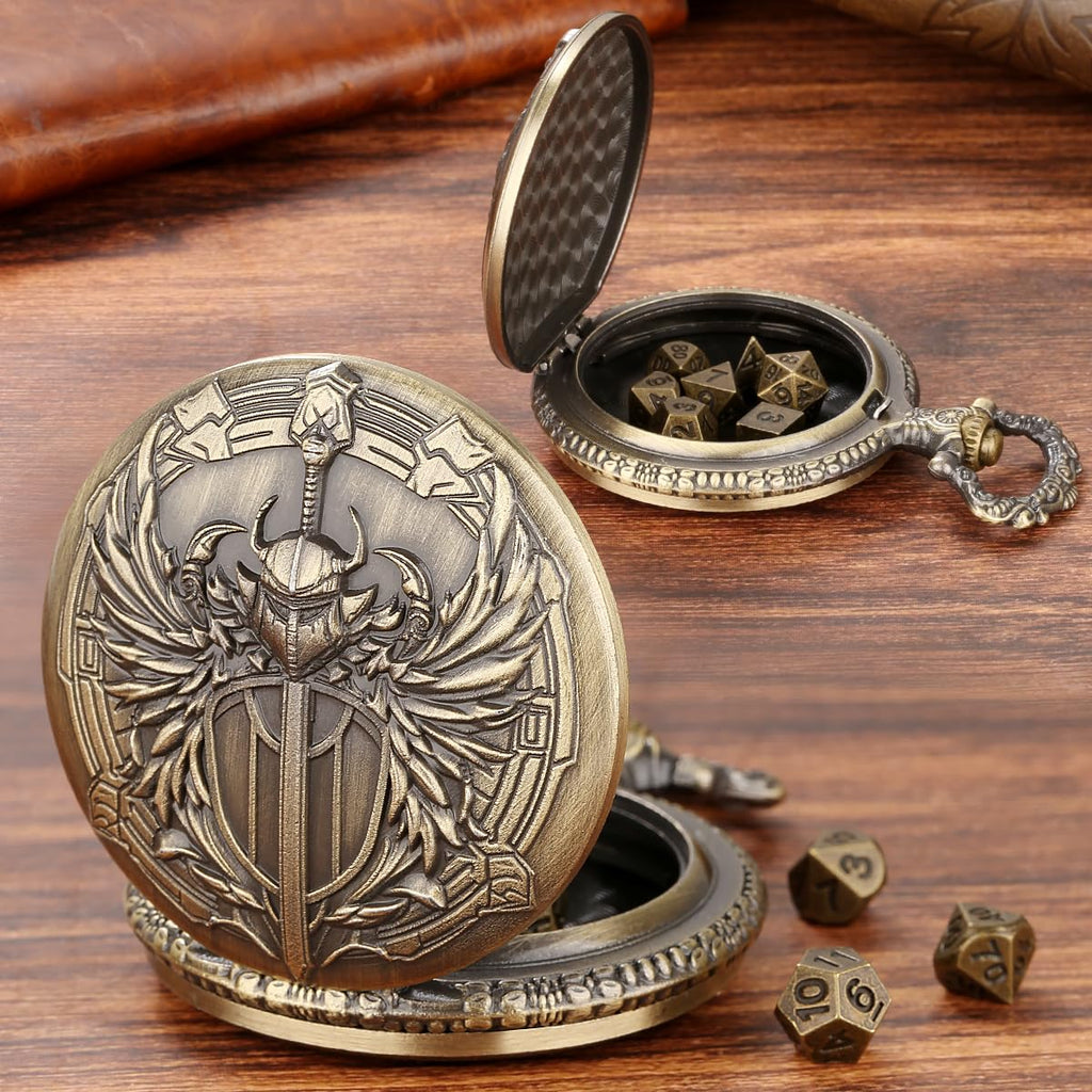 Steampunk Paladin Pocket Watch Dice Set - 7 Mini Metal D&D Dice with Case, DND Starter Gift