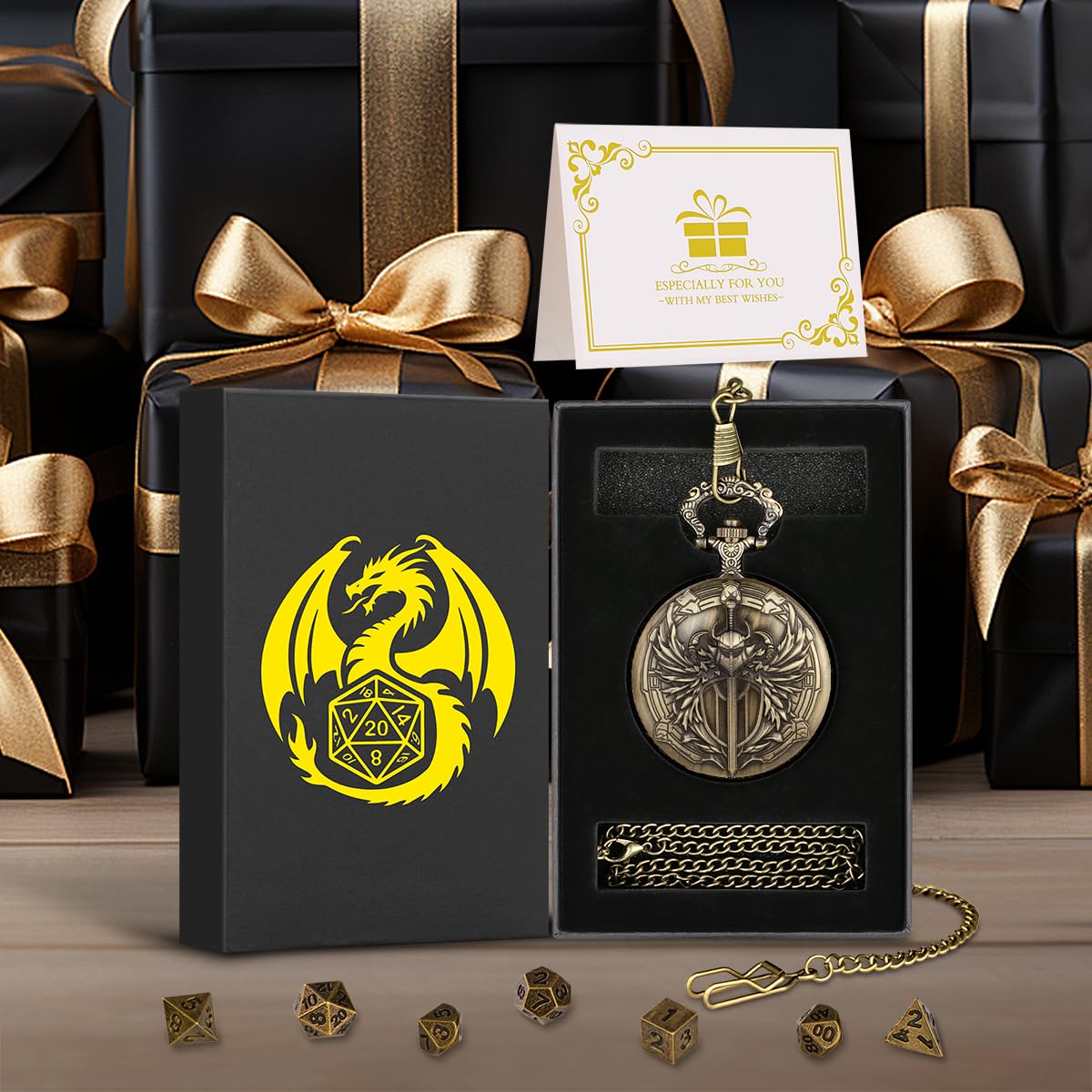 Steampunk Paladin Pocket Watch Dice Set - 7 Mini Metal D&D Dice with Case, DND Starter Gift