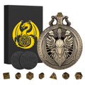 Steampunk Pocket Watch Dice Case - 7 Metal Polyhedral Dice Set with Gift Box, Paladin Knight Design