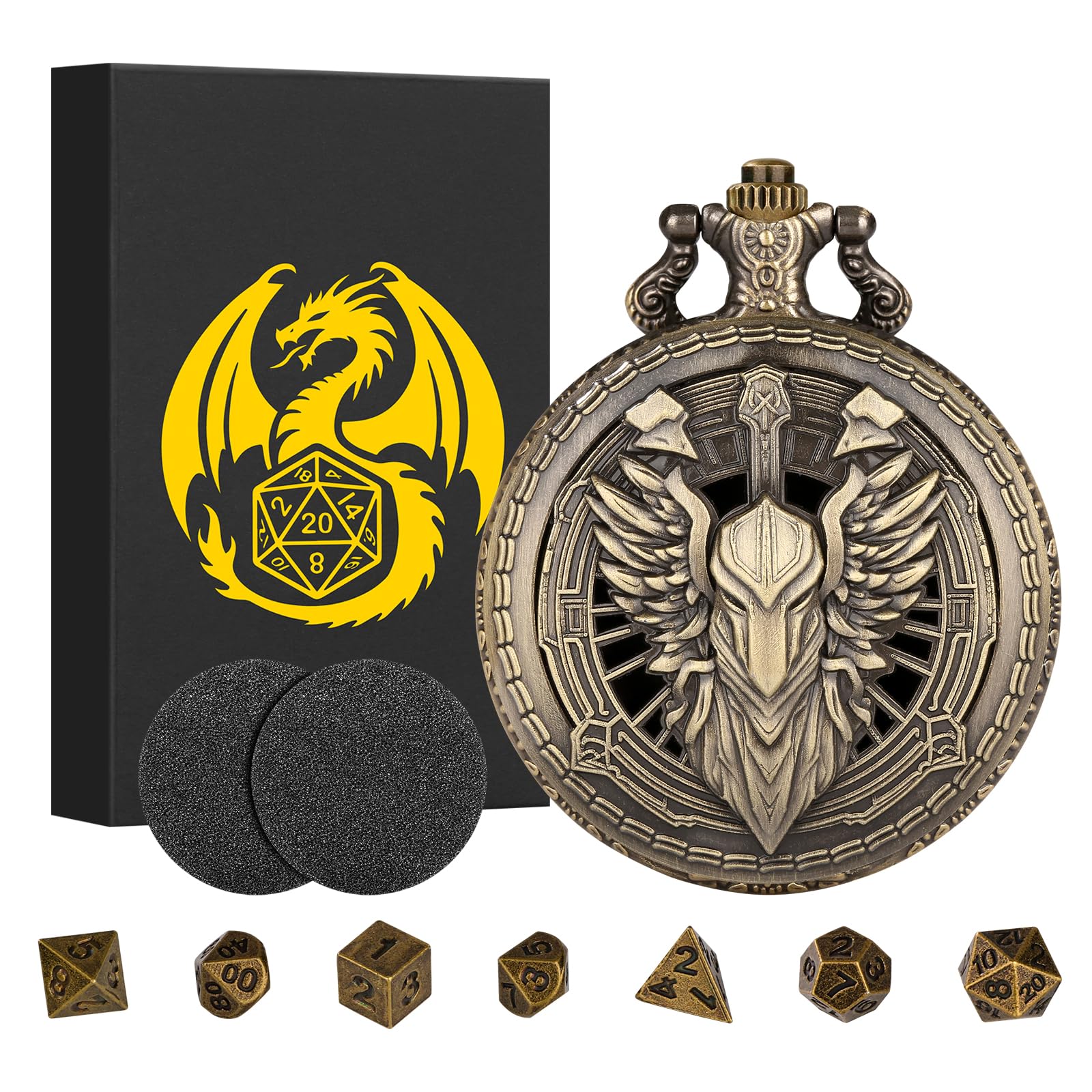 Steampunk Pocket Watch Dice Case - 7 Metal Polyhedral Dice Set with Gift Box, Paladin Knight Design