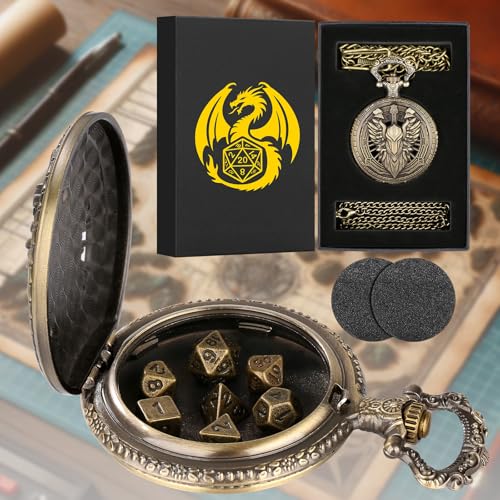 Steampunk Pocket Watch Dice Case - 7 Metal Polyhedral Dice Set with Gift Box, Paladin Knight Design