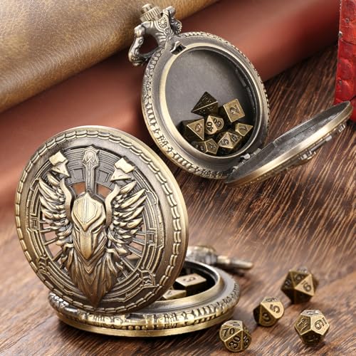 Steampunk Pocket Watch Dice Case - 7 Metal Polyhedral Dice Set with Gift Box, Paladin Knight Design