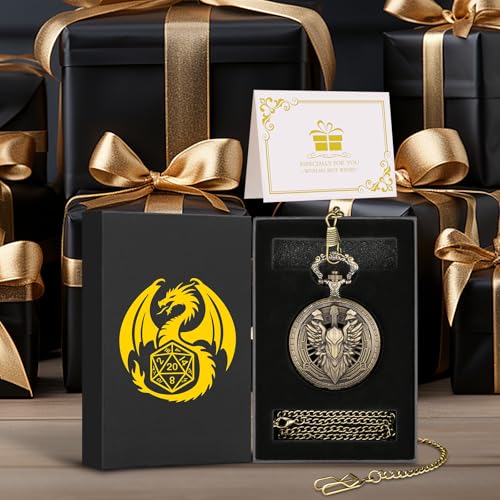 Steampunk Pocket Watch Dice Case - 7 Metal Polyhedral Dice Set with Gift Box, Paladin Knight Design