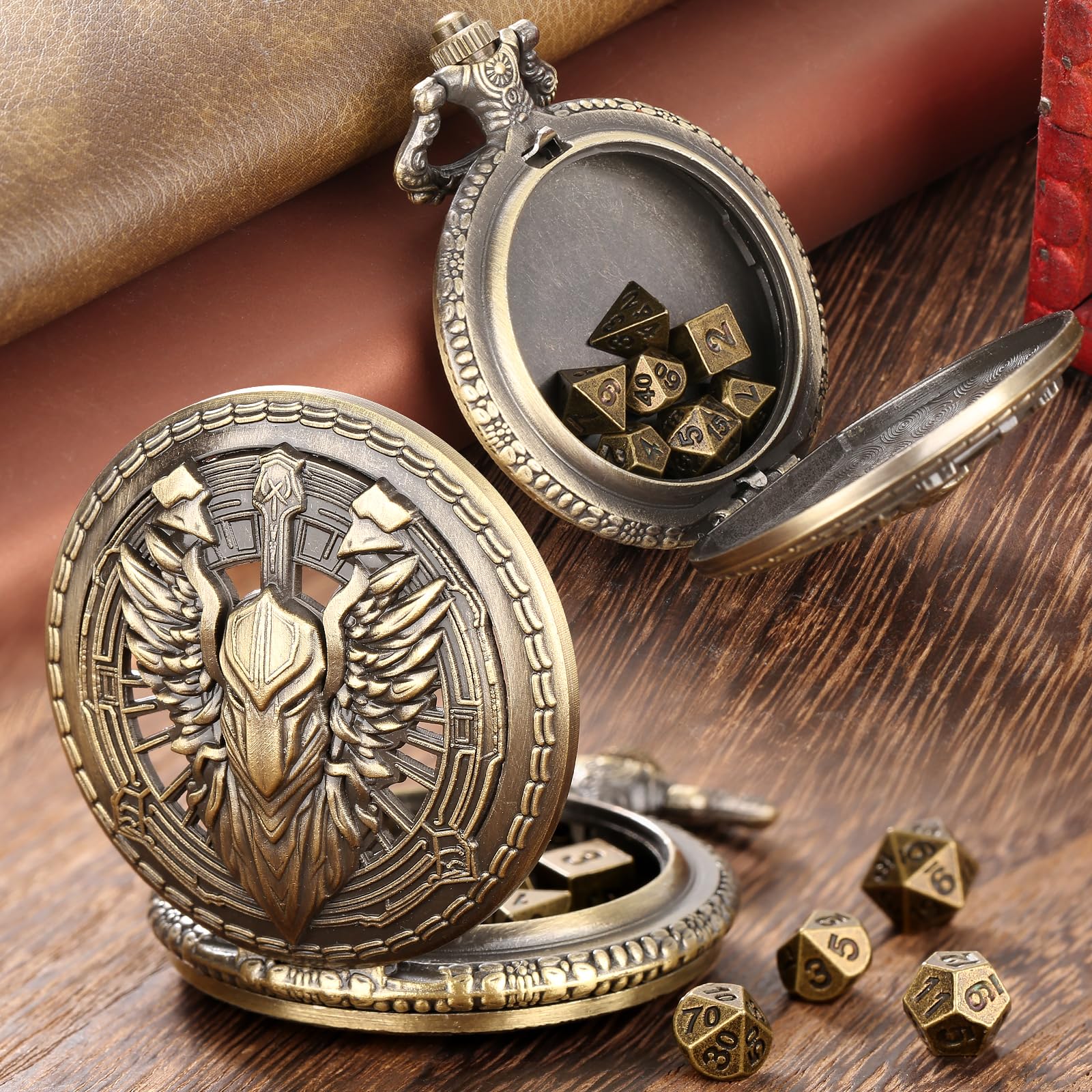 Steampunk Pocket Watch Dice Case - 7 Metal Polyhedral Dice Set with Gift Box, Paladin Knight Design