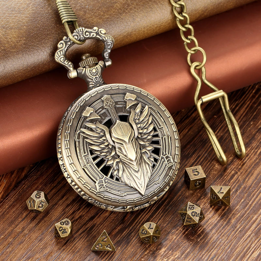 Steampunk Pocket Watch Dice Case - 7 Metal Polyhedral Dice Set with Gift Box, Paladin Knight Design